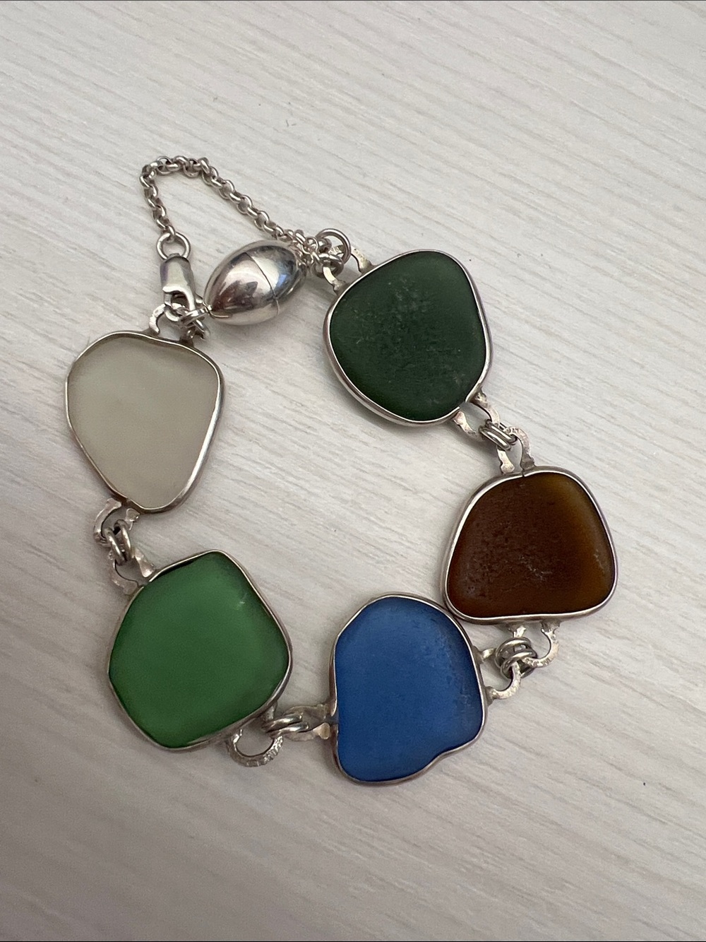 Sterling Silver Blue and Green Sea Glass Link Bracelet - Picture 4 of 9